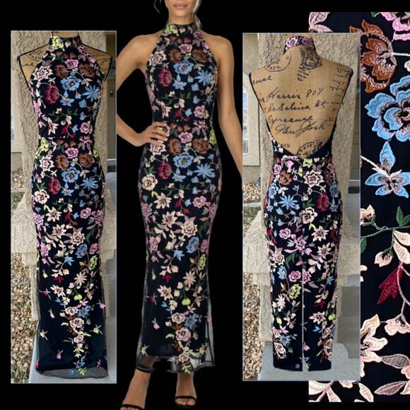 Lulus Dresses & Skirts - Lulus Black 3D Floral Embroidered Halter Infinite Praise Maxi Dress Size M